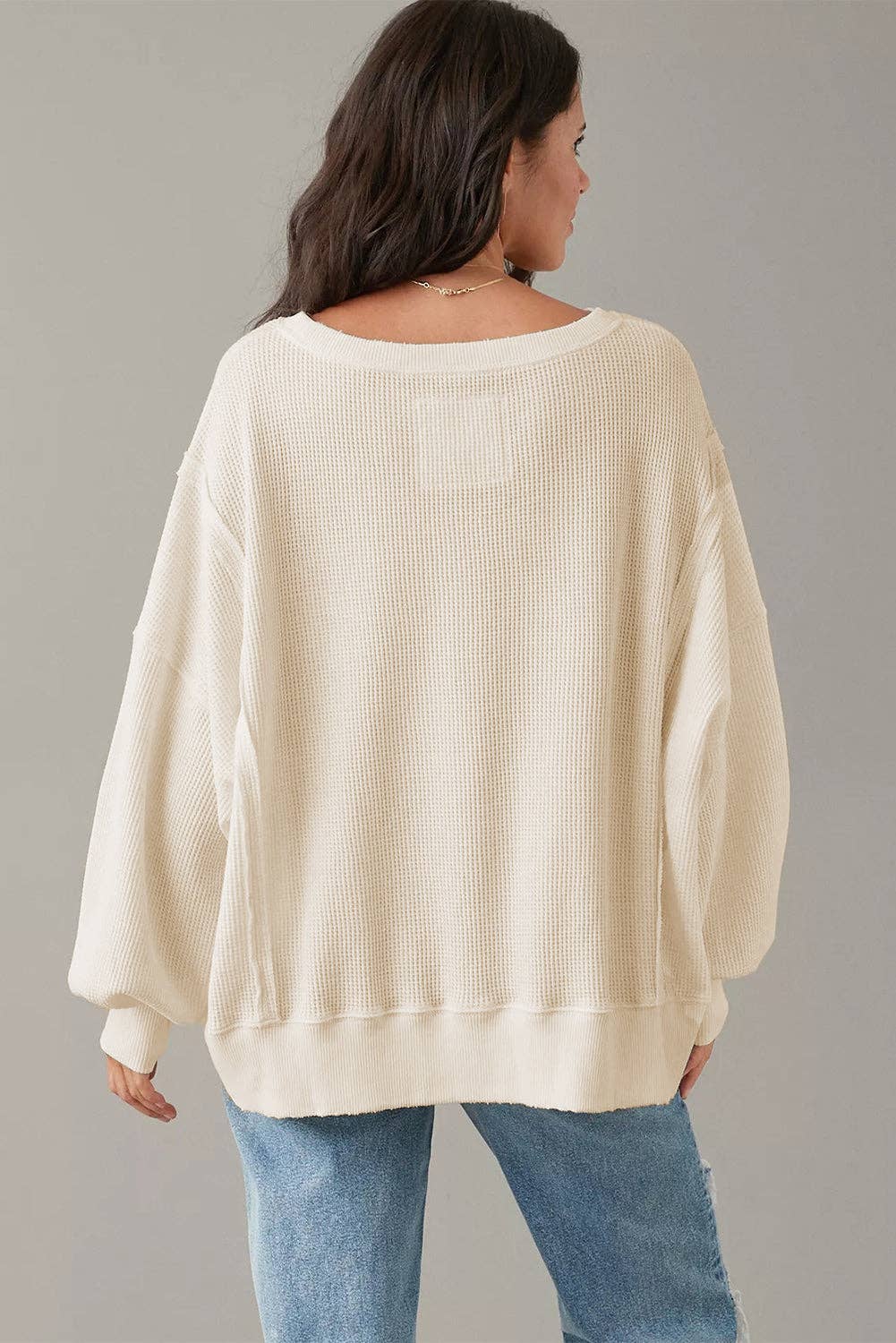 Waffle Knit Bishop Sleeve Split Oversized Sweatshirt: Cream