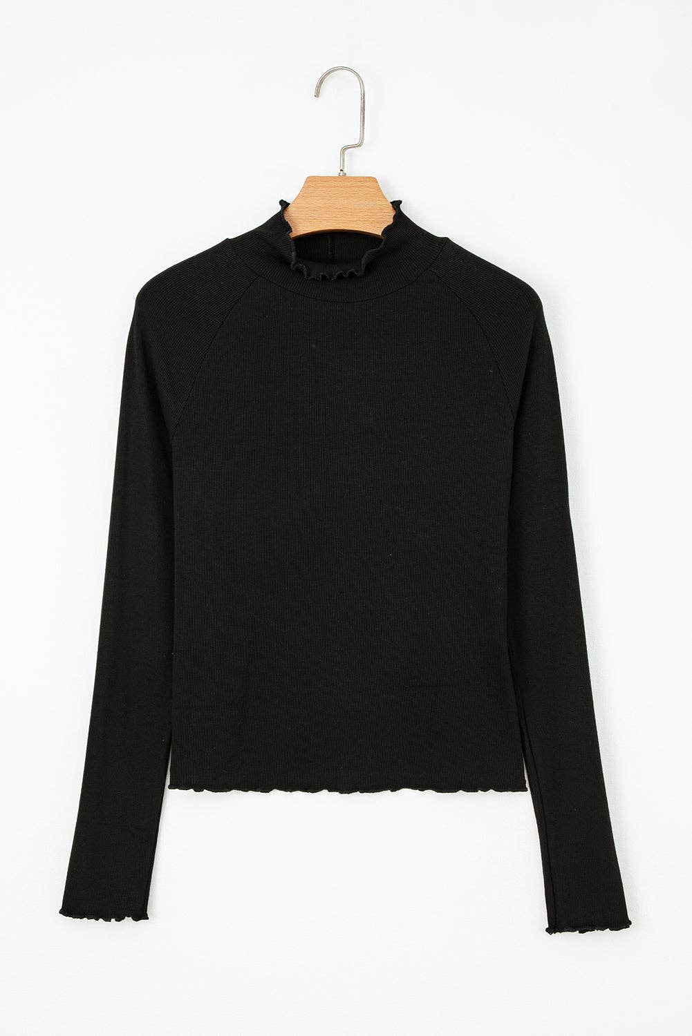 Black Ribbed Knit Lettuce Trim High Neck Long Sleeve Top