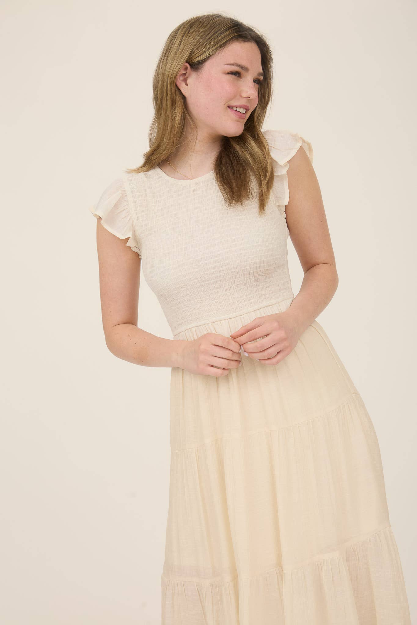 SMOCKED TIERED MIDI DRESS: LIGHT SAGE