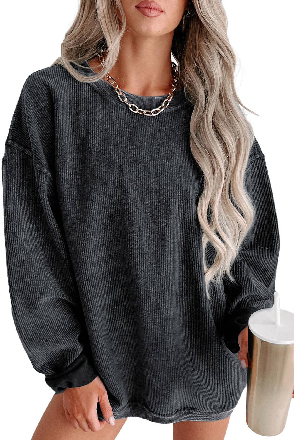 Ribbed Knit Round Neck Pullover Sweatshirt
