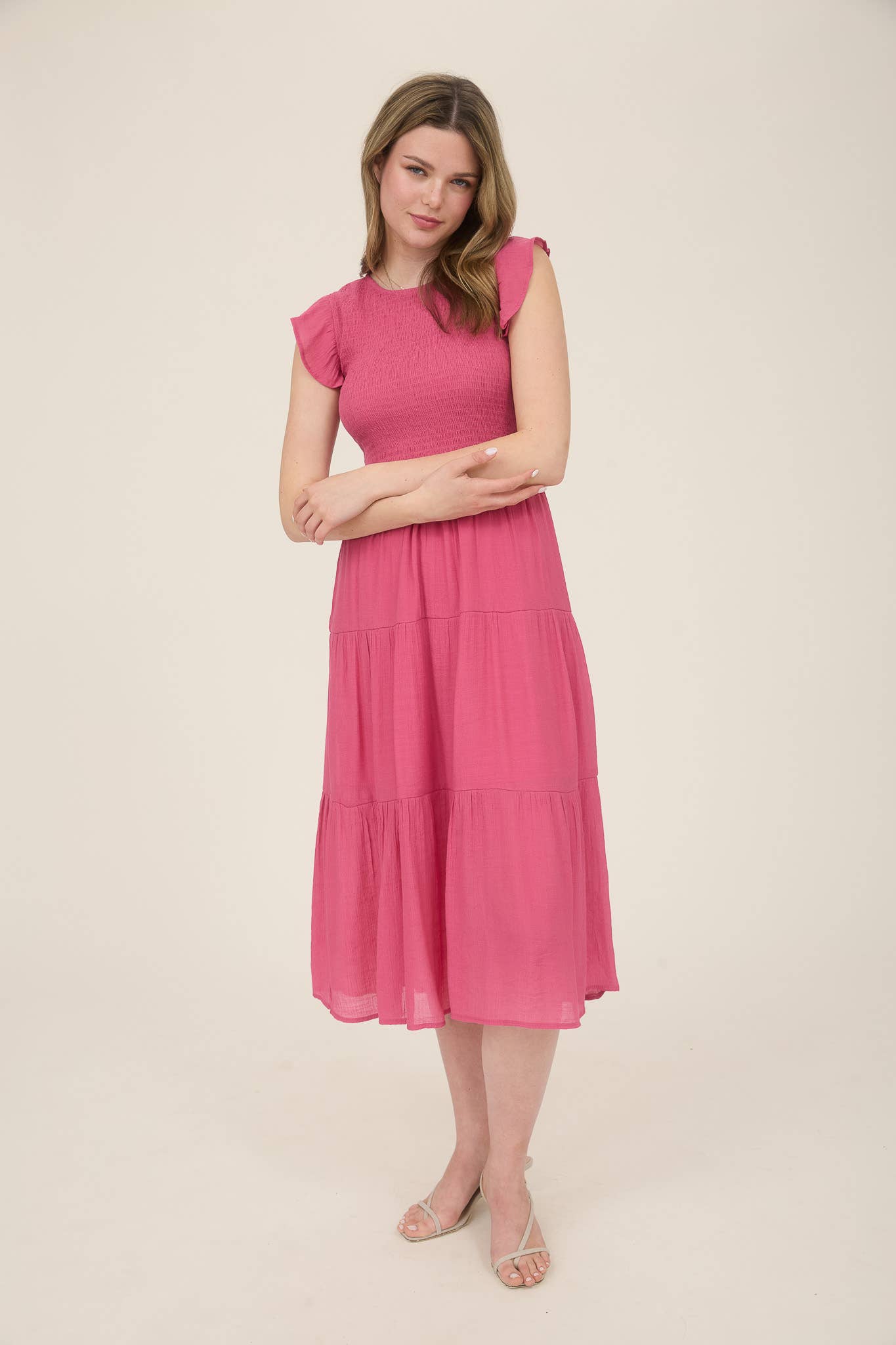 SMOCKED TIERED MIDI DRESS: LIGHT SAGE