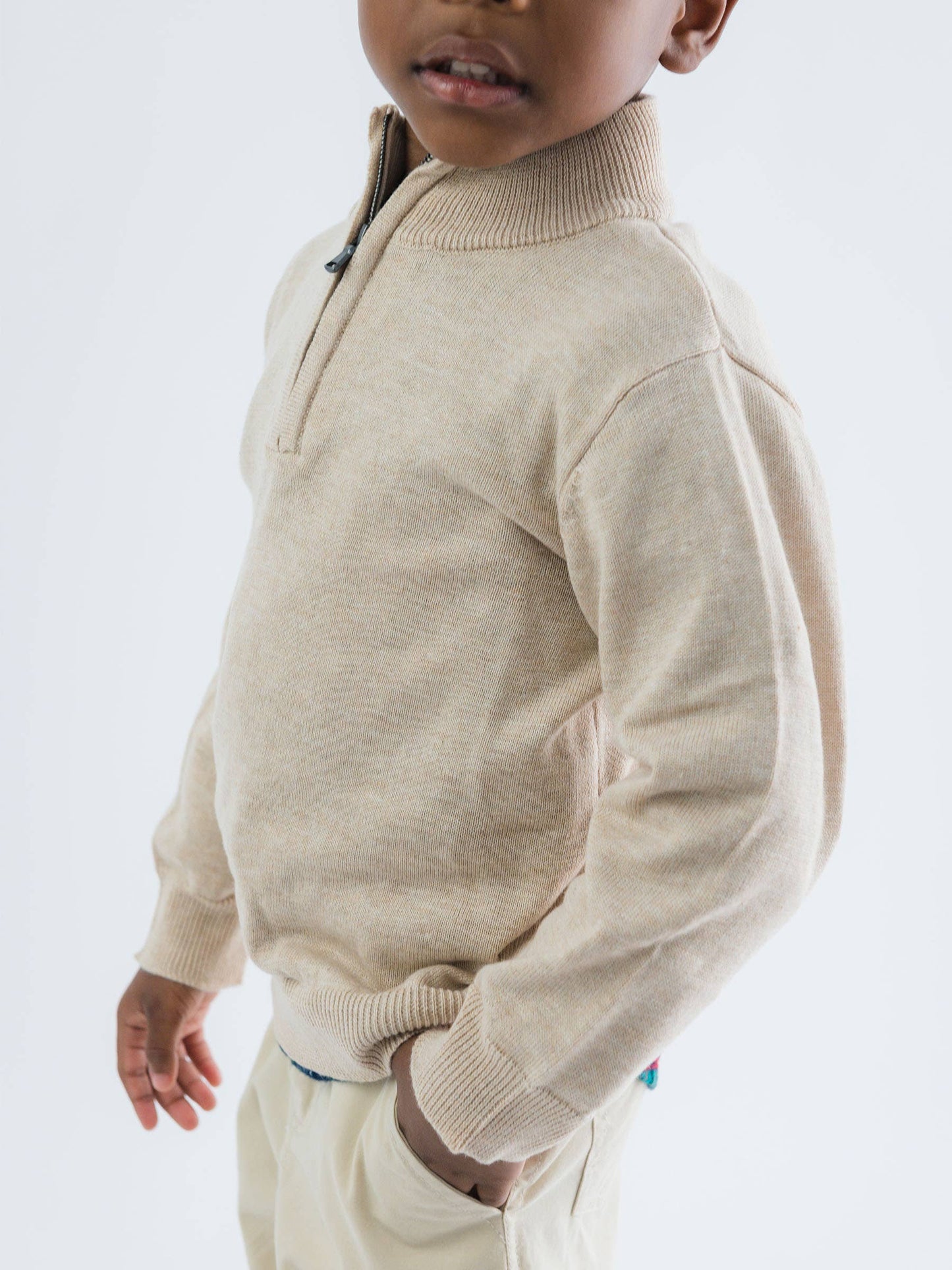 Boys Heather Oatmeal Quarter-Zip Sweater: Off-White