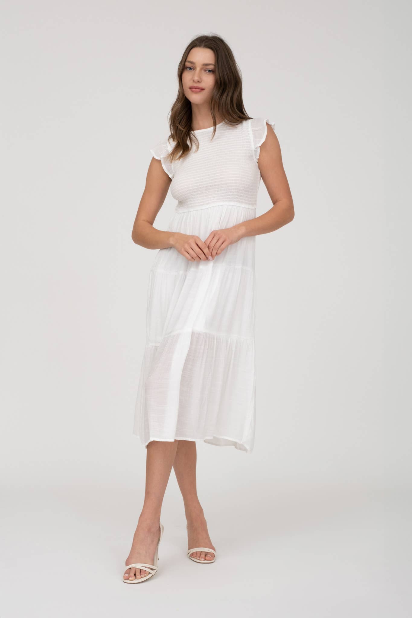 SMOCKED TIERED MIDI DRESS: LIGHT SAGE