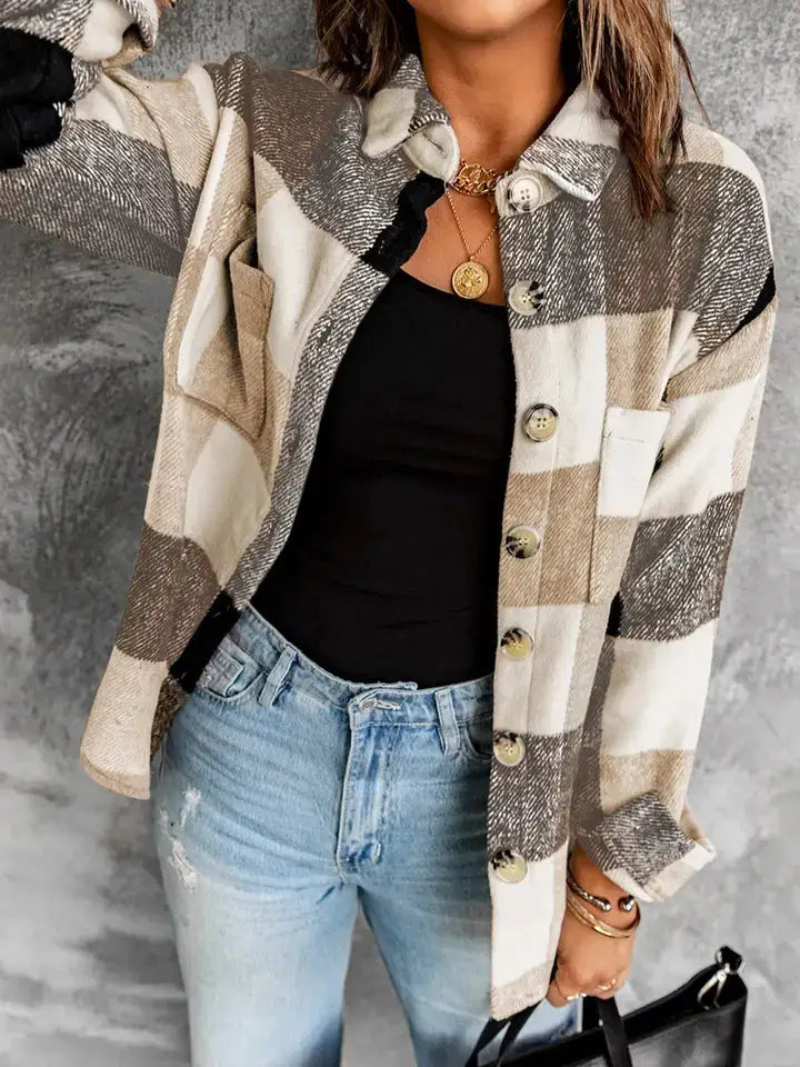Buttoned Plaid Color Block Long Sleeve Jacket with Pockets: Khaki