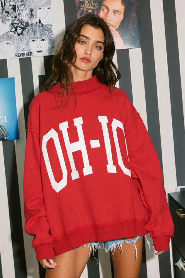 'OH-IO & OH' Reversible Mockneck Sweatshirt: Red