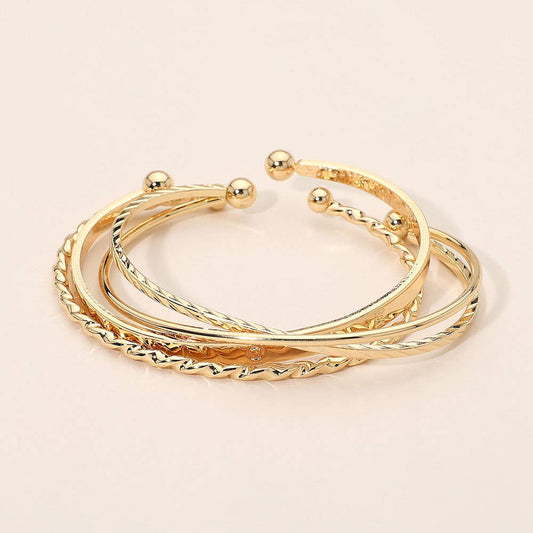 3PCS - Gold Dipped Textured Metal Cuff Multi Layered Bracelets