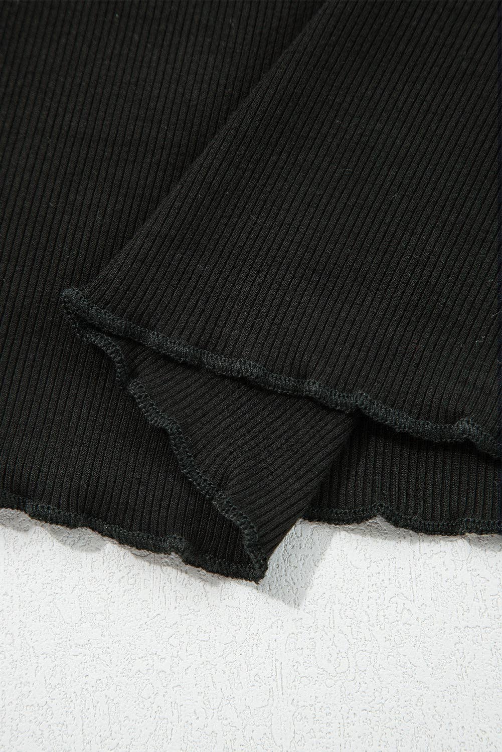 Black Ribbed Knit Lettuce Trim High Neck Long Sleeve Top