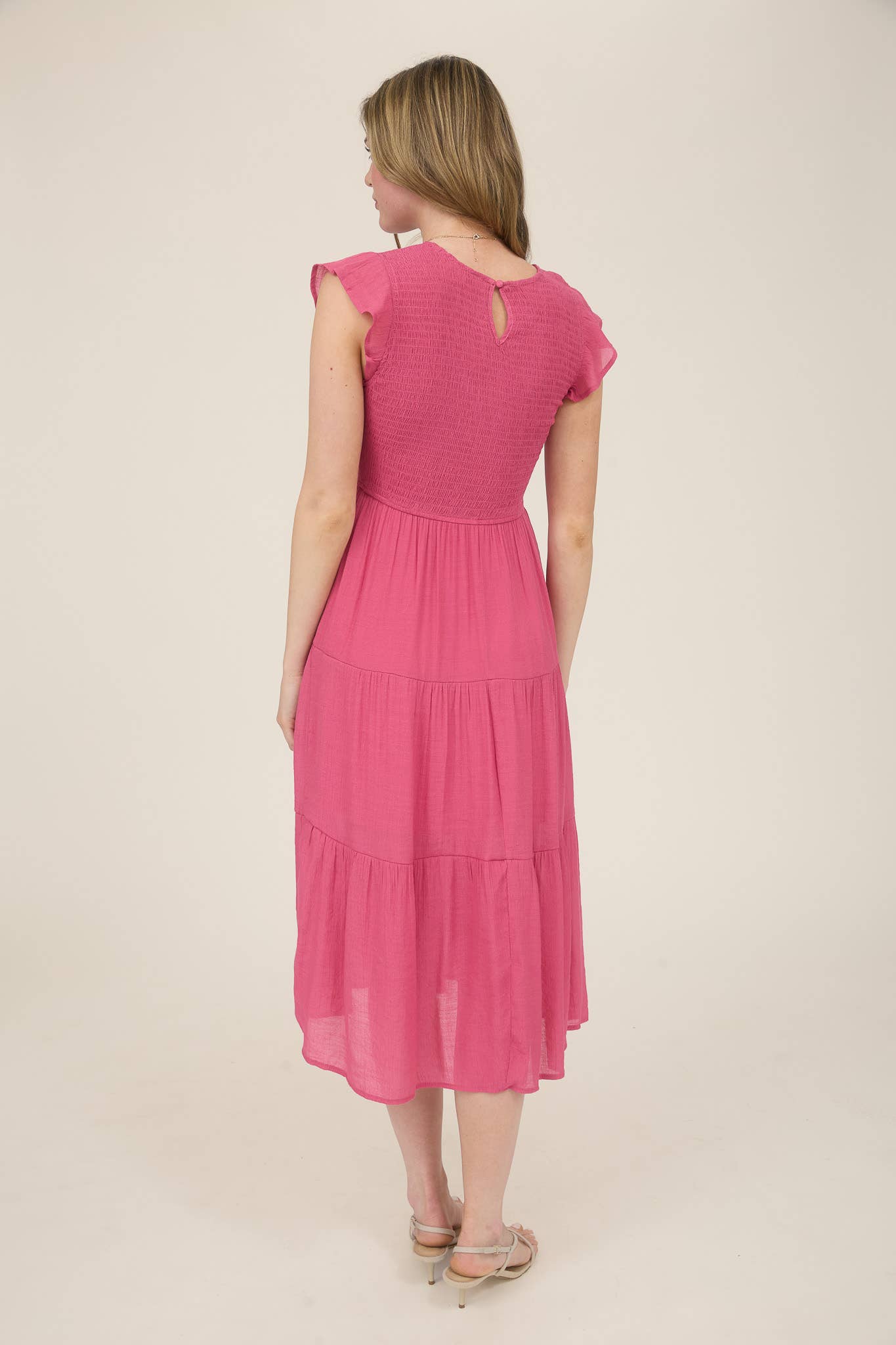 SMOCKED TIERED MIDI DRESS: LIGHT SAGE