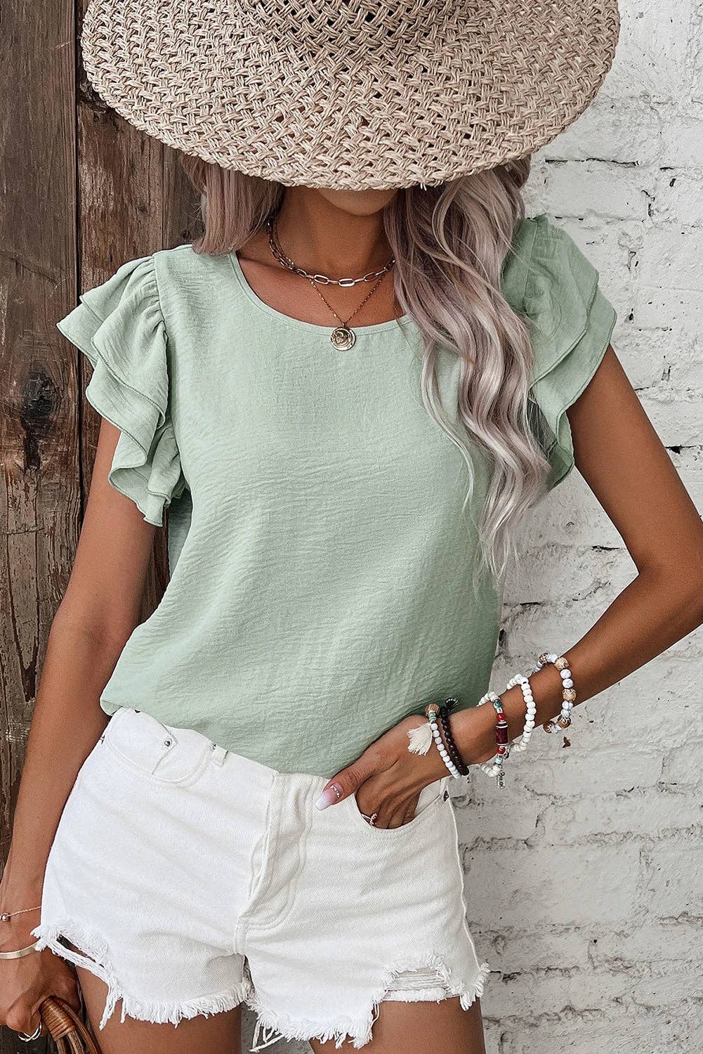 Solid Color Ruffled Short Sleeve Casual Blouse: Aqua