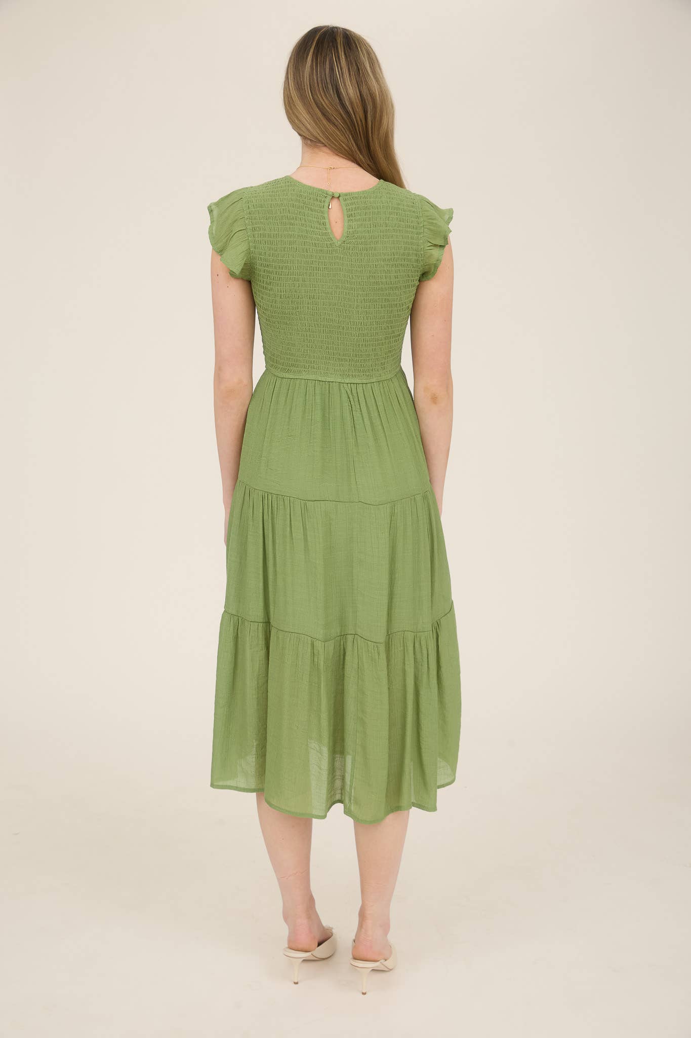 SMOCKED TIERED MIDI DRESS: LIGHT SAGE